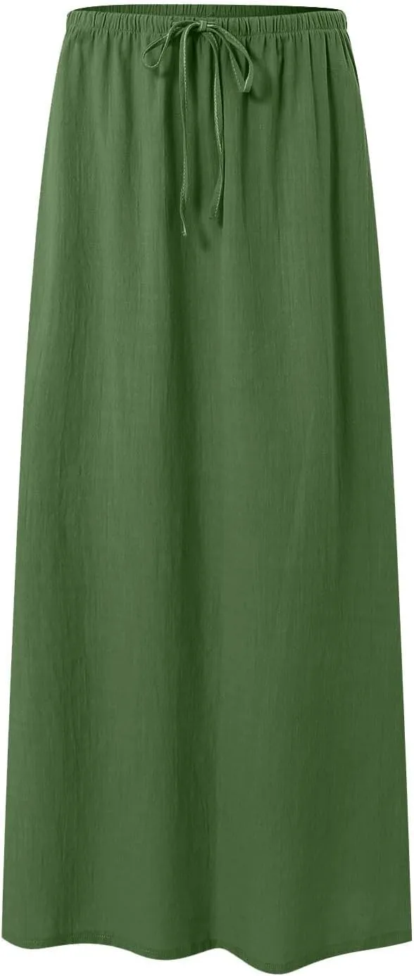 cooki Linen Flared Maxi Skirts for Women Summer Casual Vacation Boho Elastic Waist Drawstring Long Flowy Ankle-Length Skirt