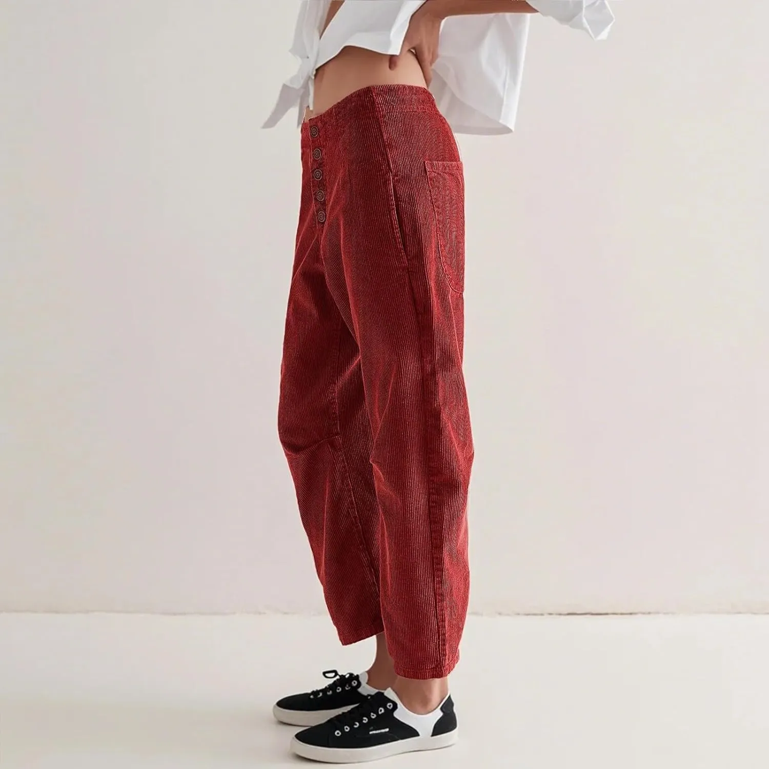 Corduroy Pants Women Casual Low Rise Ankle Wide Leg Pants Loose Comfy Work Pants Dress Pants with Pockets