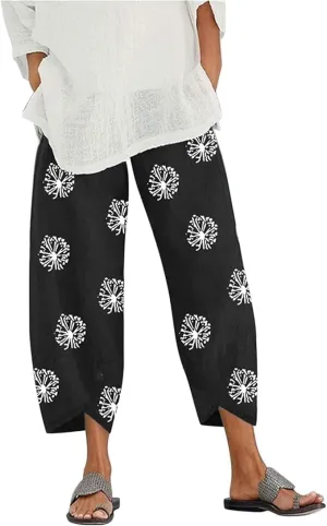 Costaric Cotton Linen Casual Summer Capri Pants Printed Cropped Comfy Baggy Trousers with Pockets Palazzo Lounge Pants