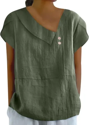 Cotton Linen Blouses for Women Summer Comfy Loose Fit Short Sleeve Tops Asymmetric V Neck Button Tees Dressy Casual T-Shirt