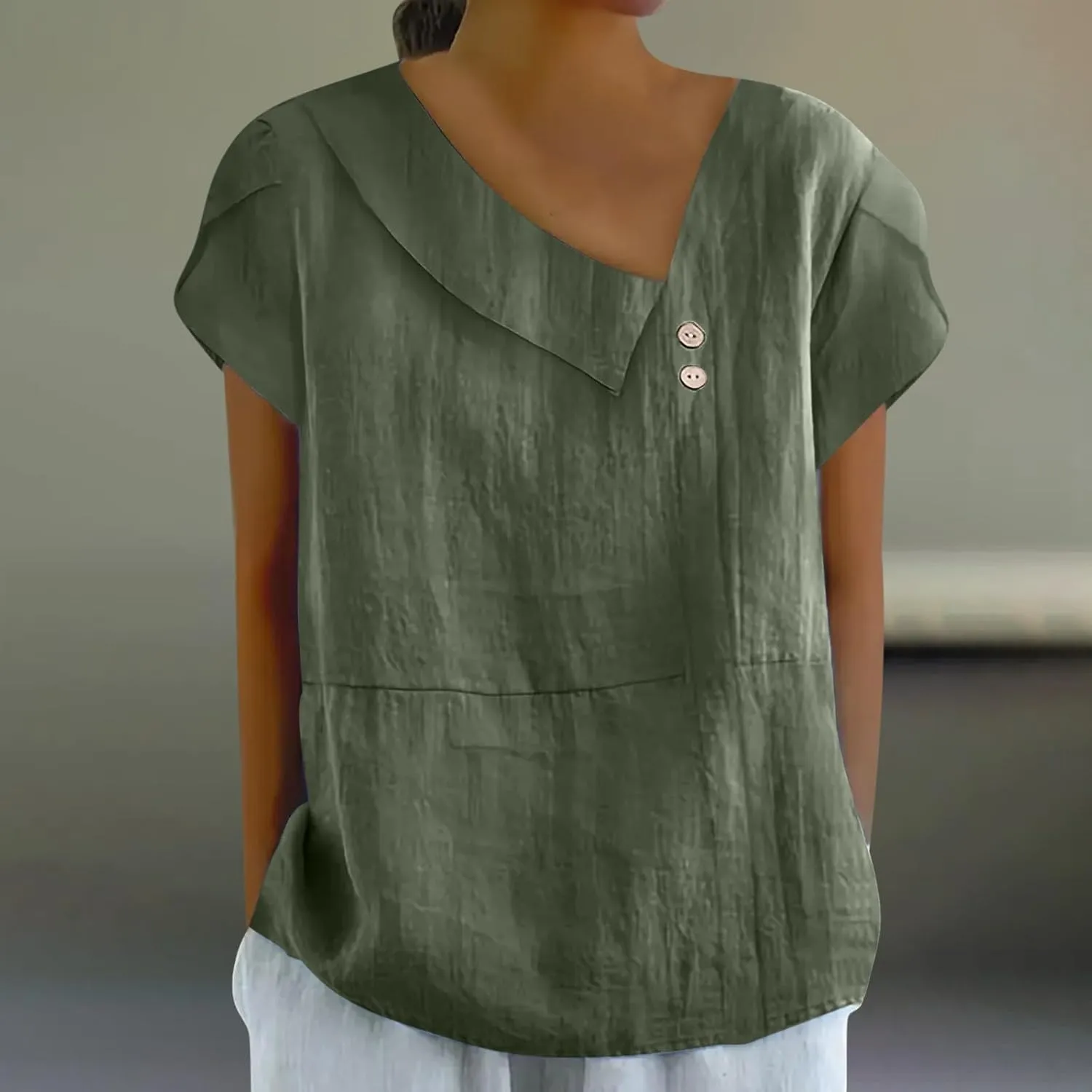 Cotton Linen Blouses for Women Summer Comfy Loose Fit Short Sleeve Tops Asymmetric V Neck Button Tees Dressy Casual T-Shirt