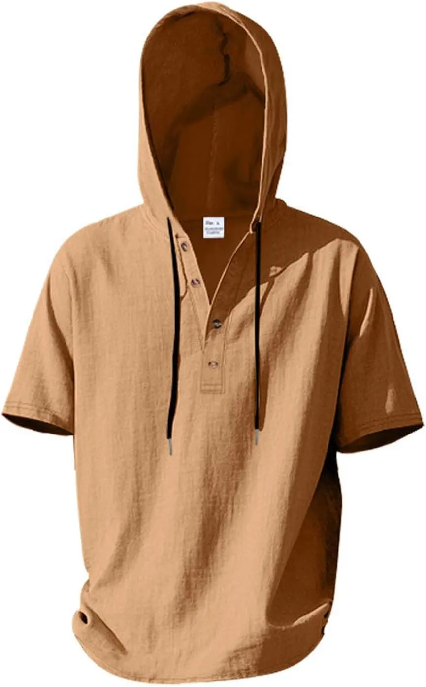Cotton Linen Shirts for Men Casual Button Down Hoodie Summer Beach Loose Short Sleeve Drawstring Pullover Hooded Top