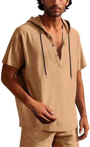 Cotton Linen Shirts for Men Casual Button Down Hoodie Summer Beach Loose Short Sleeve Drawstring Pullover Hooded Top