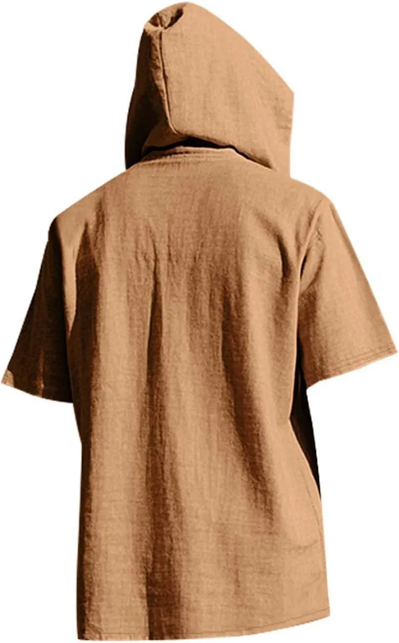 Cotton Linen Shirts for Men Casual Button Down Hoodie Summer Beach Loose Short Sleeve Drawstring Pullover Hooded Top