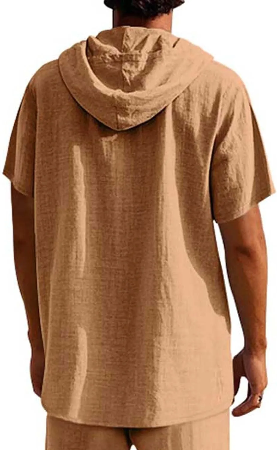 Cotton Linen Shirts for Men Casual Button Down Hoodie Summer Beach Loose Short Sleeve Drawstring Pullover Hooded Top
