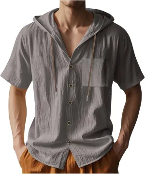 Cotton Linen Shirts for Men Casual Button Hooded Top Summer Drawstring Hoodie Beach Short Sleeve Shirt with Pocket