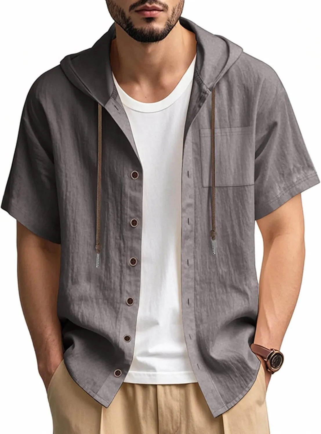 Cotton Linen Shirts for Men Casual Button Hooded Top Summer Drawstring Hoodie Beach Short Sleeve Shirt with Pocket