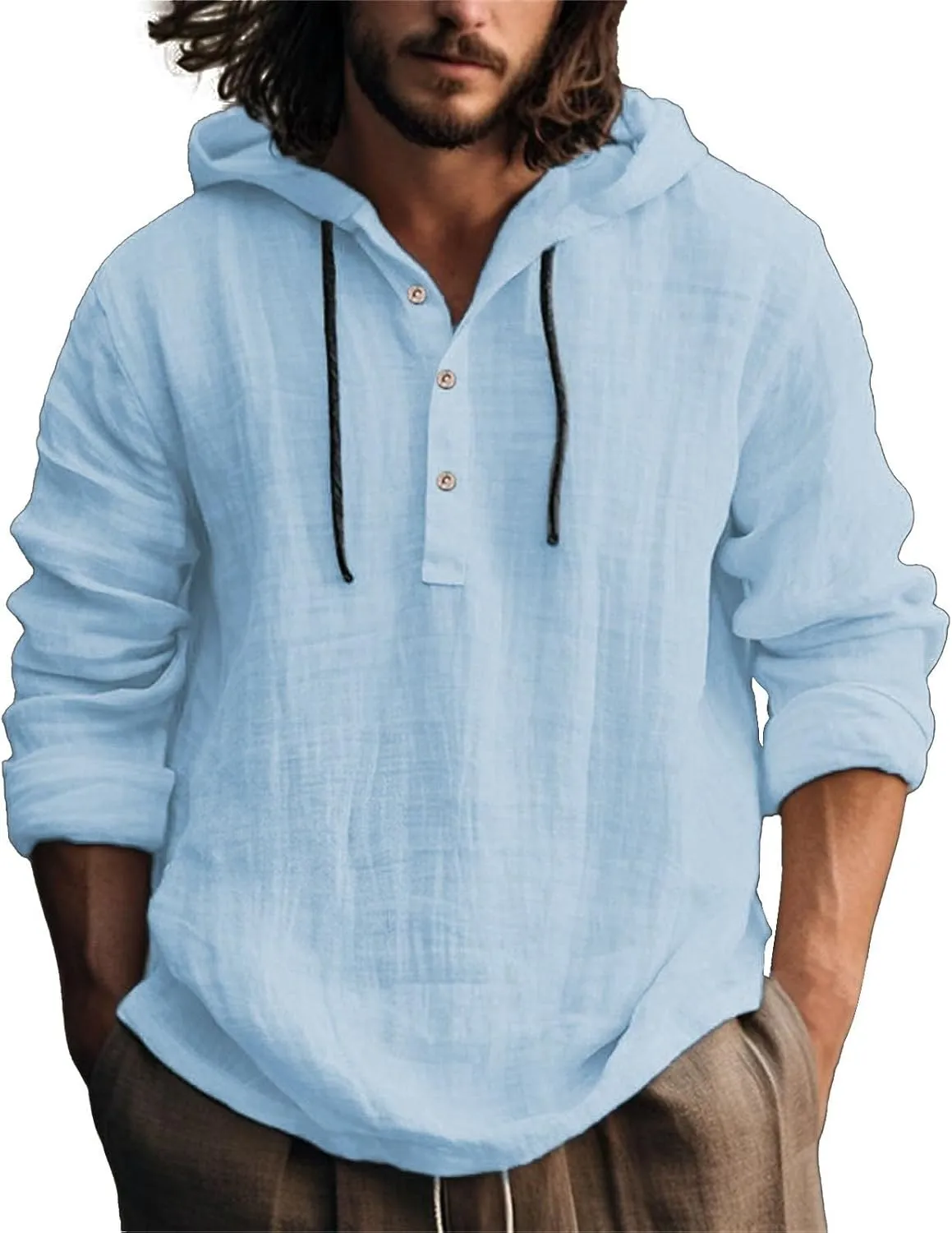 Cotton Linen Shirts for Men Hoodie Tops Casual Lightweight Long Sleeve Henley Beach Shirt Loose Hawaiian Hippie Shirt