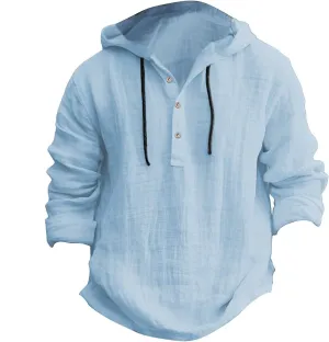 Cotton Linen Shirts for Men Hoodie Tops Casual Lightweight Long Sleeve Henley Beach Shirt Loose Hawaiian Hippie Shirt
