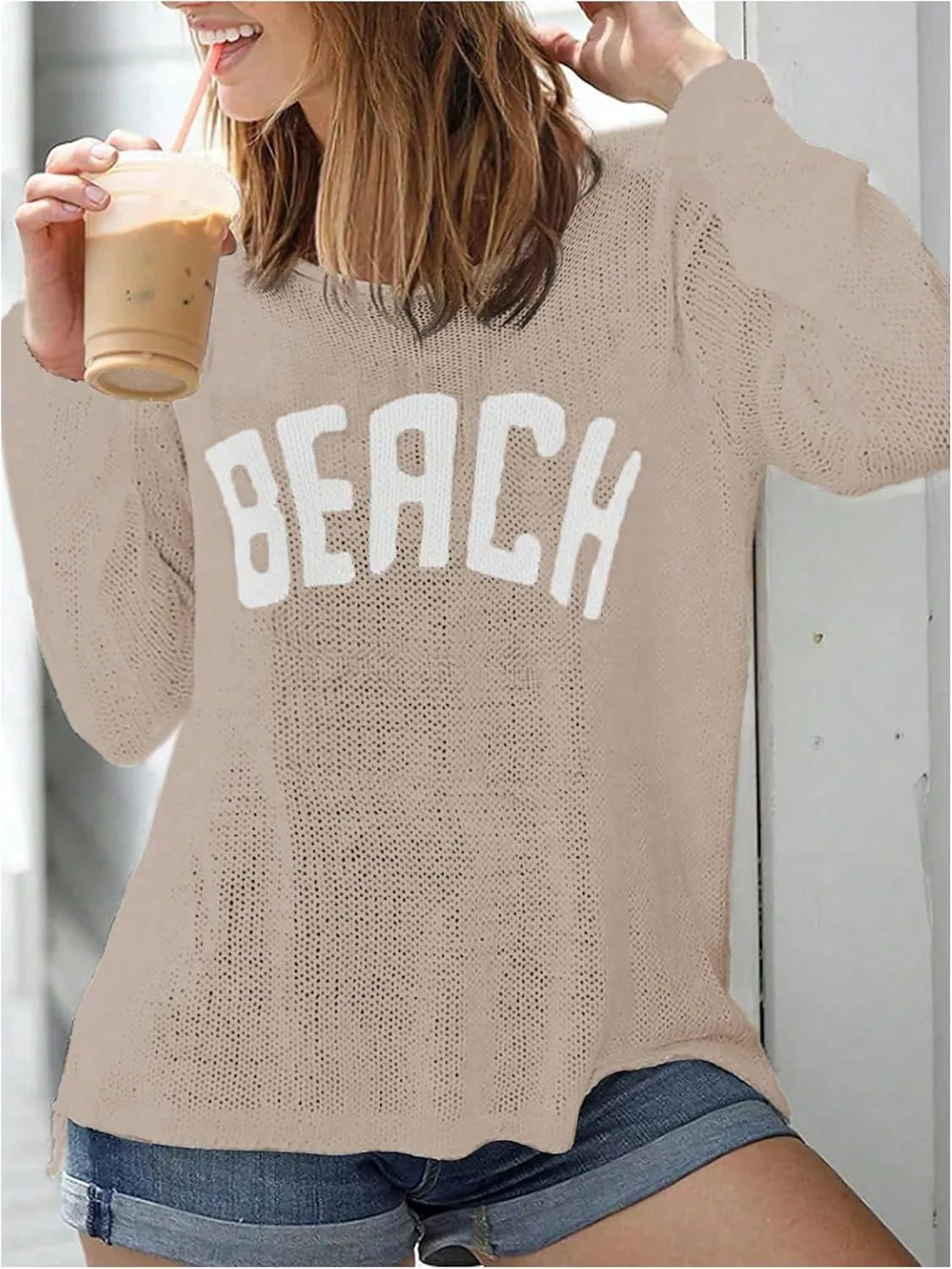 COZYEASE Women's Beach Cover Up Letter Print Long Sleeve Sweater Crew Neck Split Hem Crochet Jumper Top
