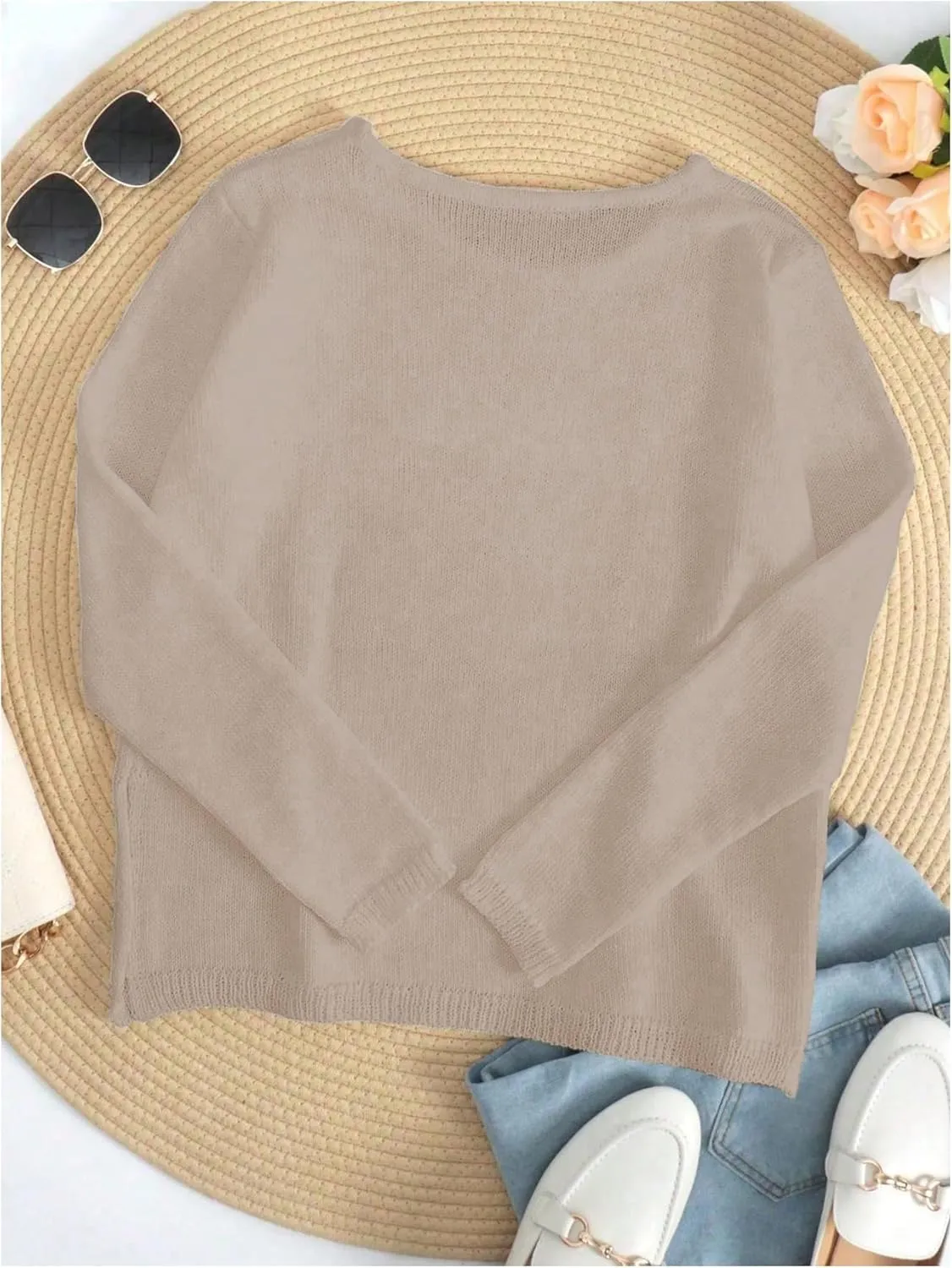 COZYEASE Women's Beach Cover Up Letter Print Long Sleeve Sweater Crew Neck Split Hem Crochet Jumper Top