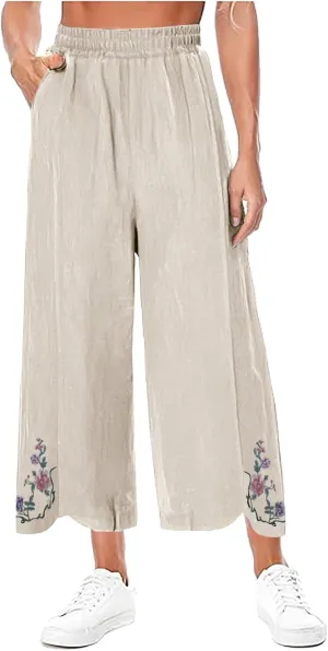 Cropped Linen Pants for Women Floral Embroidered Wide Leg Capri Pant High Elastic Waist Summer Trousers with Pockets