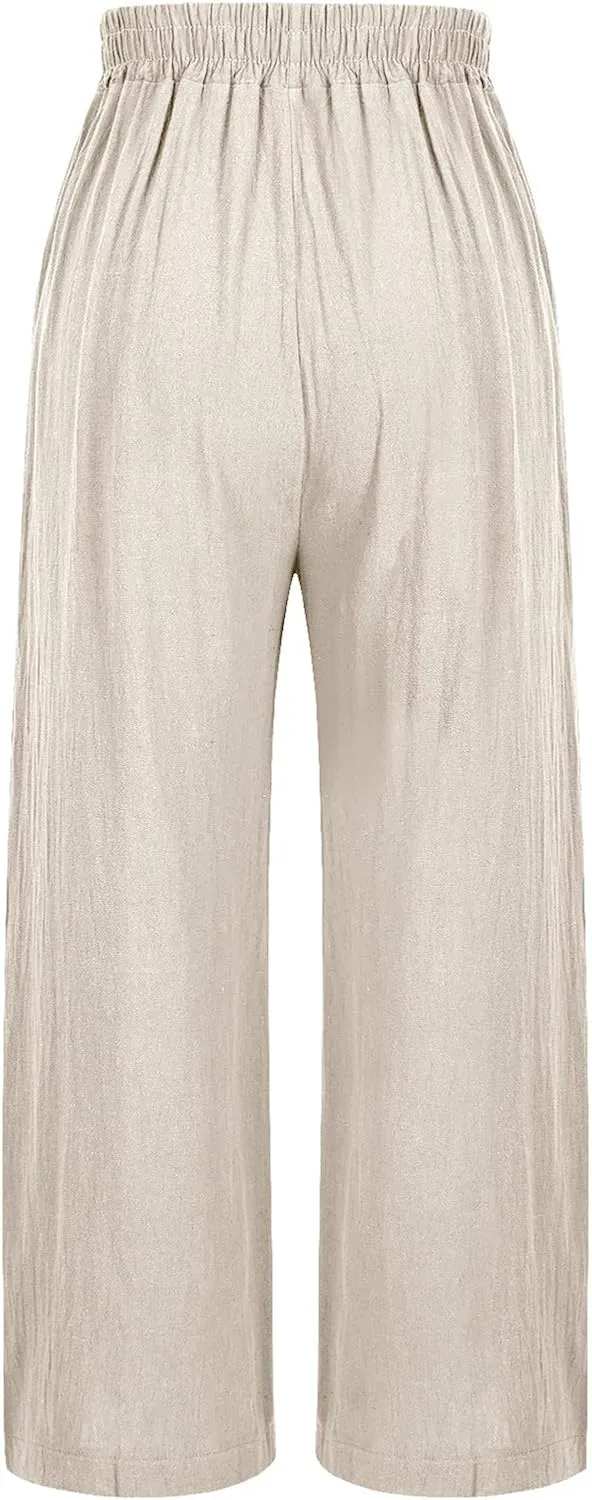 Cropped Linen Pants for Women Floral Embroidered Wide Leg Capri Pant High Elastic Waist Summer Trousers with Pockets