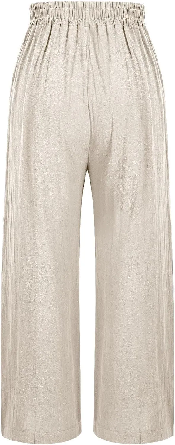 Cropped Linen Pants for Women Floral Embroidered Wide Leg Capri Pant High Elastic Waist Summer Trousers with Pockets