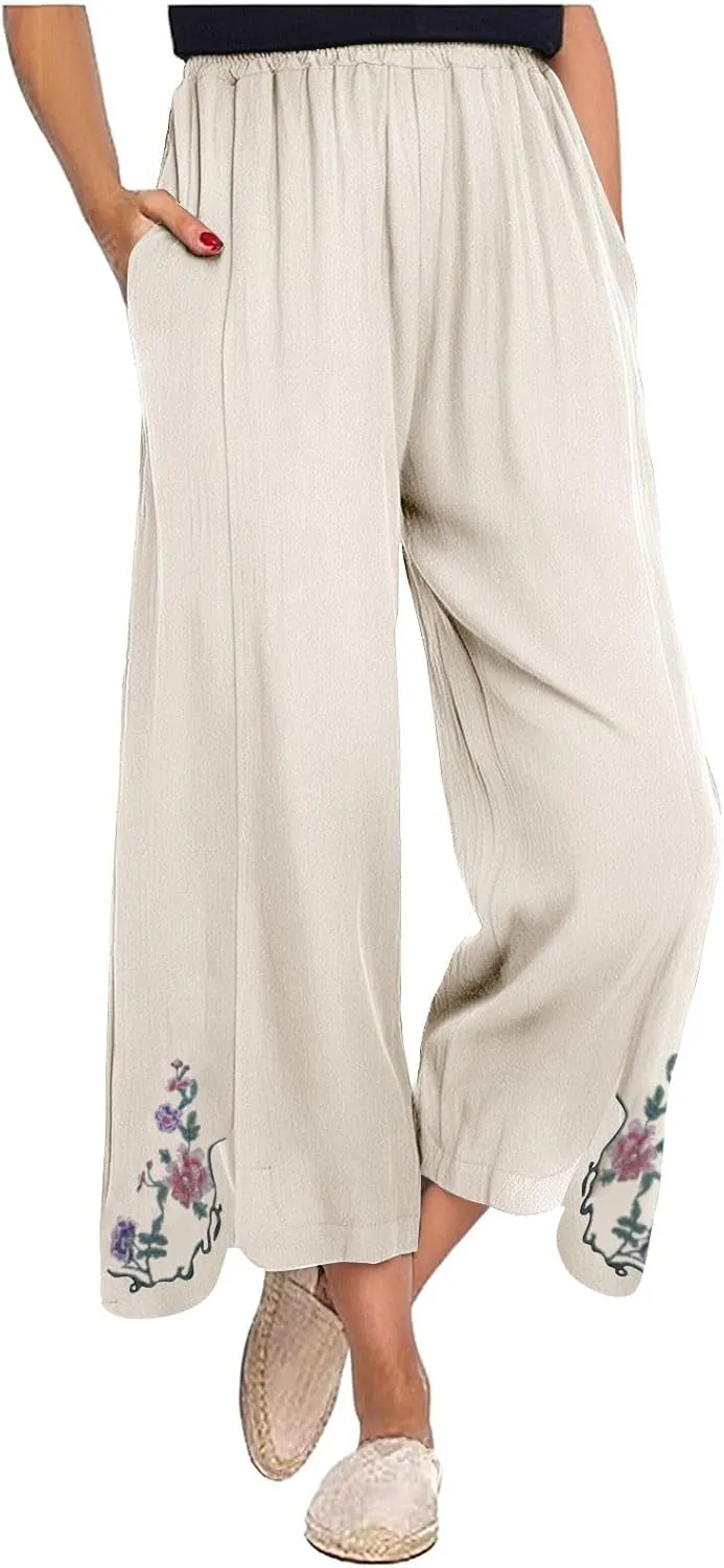 Cropped Linen Pants for Women Floral Embroidered Wide Leg Capri Pant High Elastic Waist Summer Trousers with Pockets