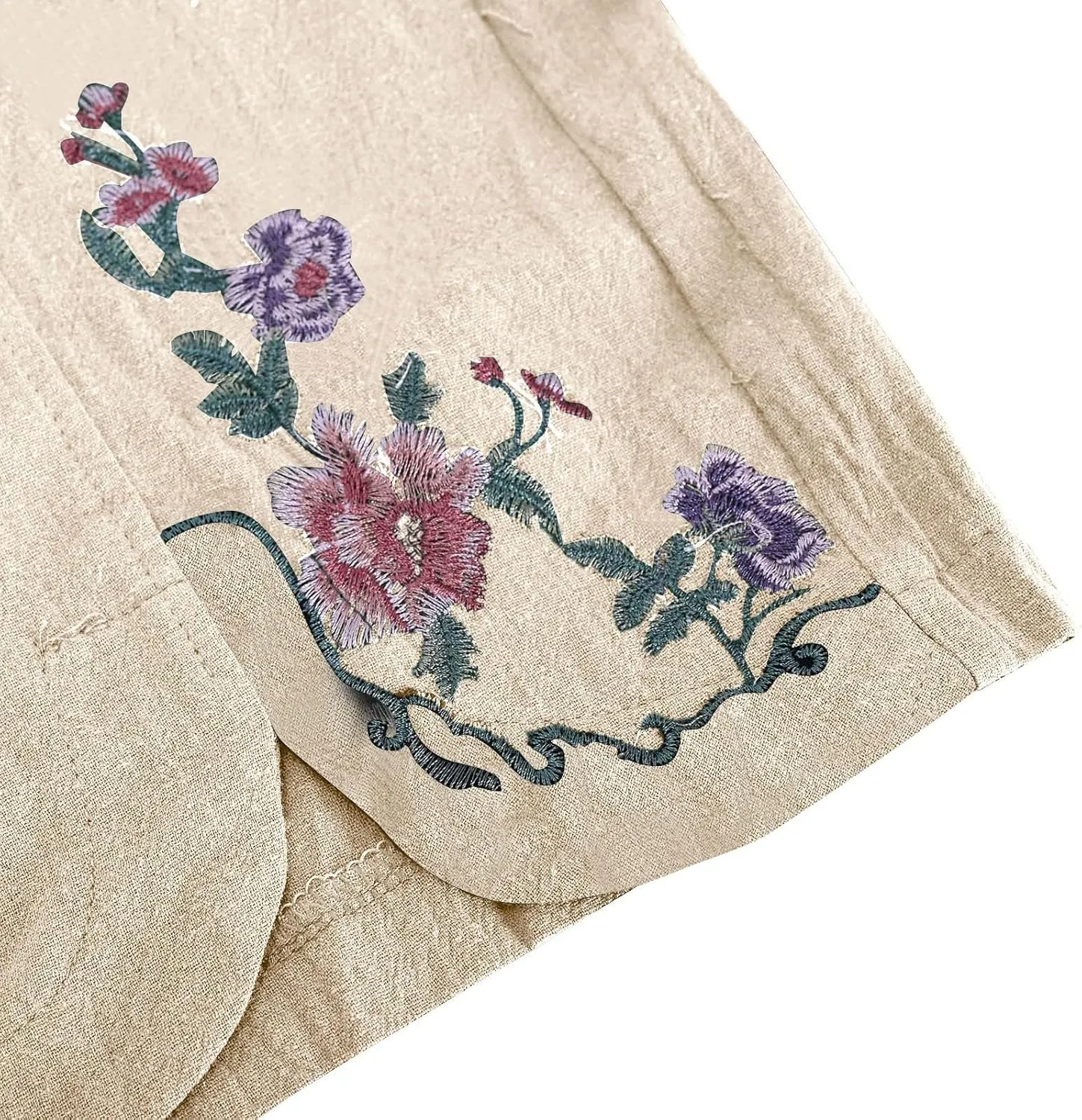 Cropped Linen Pants for Women Floral Embroidered Wide Leg Capri Pant High Elastic Waist Summer Trousers with Pockets