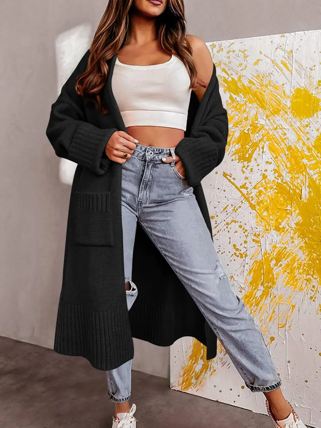 Danedvi Long Cardigan Sweaters for Women 2023 Fall Open Front Knit Oversized Cardigans Duster Coat with Pockets