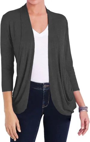 DEESHA Women Casual Lightweight Cardigan 3/4 Sleeve Draped Open Front Soft Cardigans with Pockets