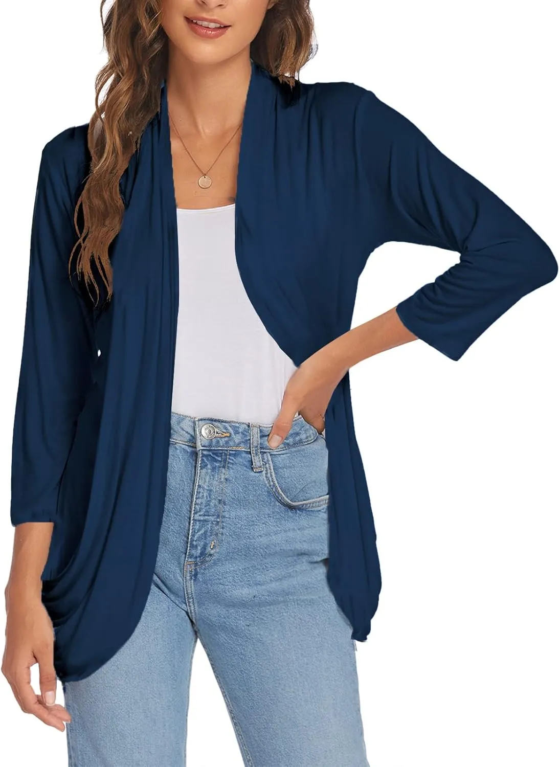 DEESHA Women Casual Lightweight Cardigan 3/4 Sleeve Draped Open Front Soft Cardigans with Pockets
