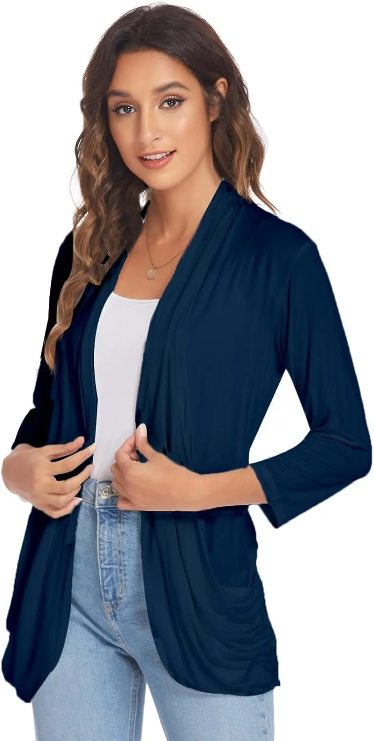 DEESHA Women Casual Lightweight Cardigan 3/4 Sleeve Draped Open Front Soft Cardigans with Pockets