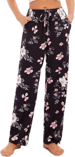 Devirld Women's Lounge Pants, Straight-Leg Loose Pajama Pants for Women Flowy Wide Leg Palazzo Trousers with Pockets