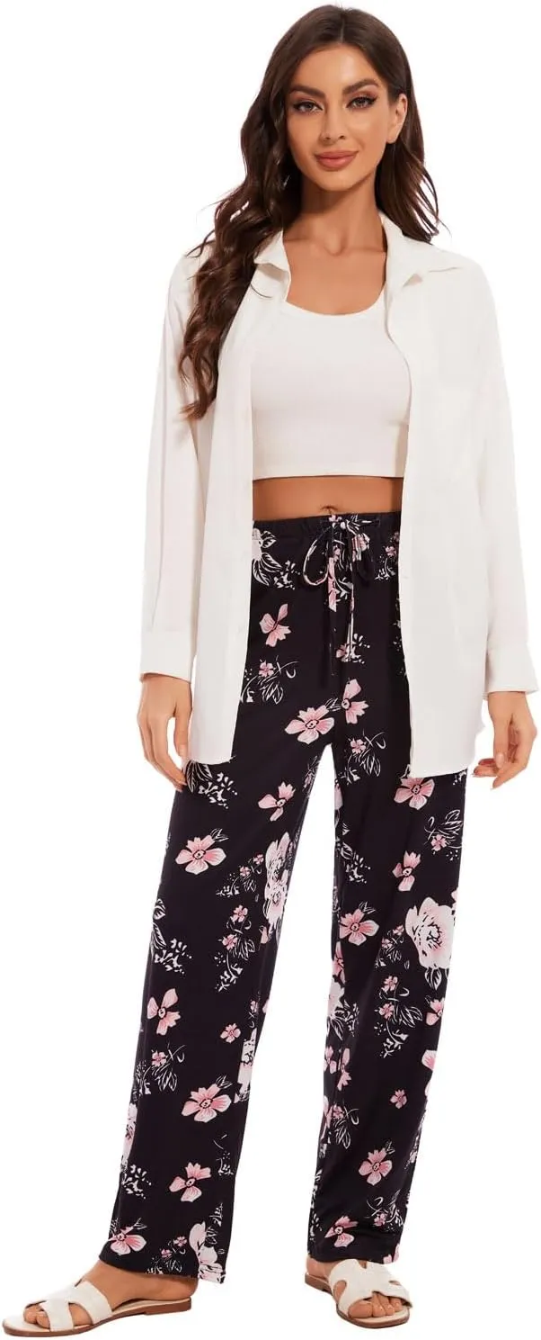 Devirld Women's Lounge Pants, Straight-Leg Loose Pajama Pants for Women Flowy Wide Leg Palazzo Trousers with Pockets