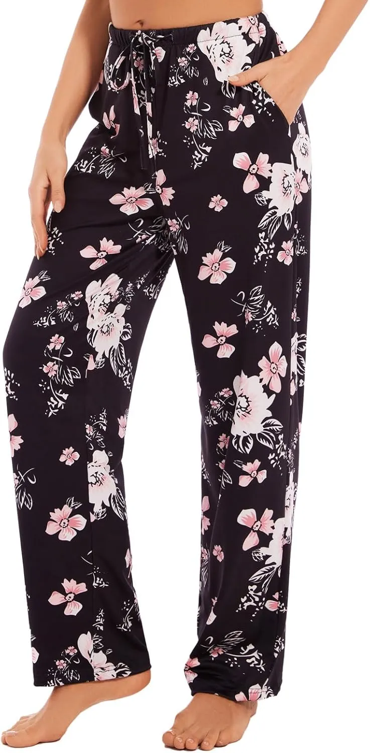 Devirld Women's Lounge Pants, Straight-Leg Loose Pajama Pants for Women Flowy Wide Leg Palazzo Trousers with Pockets