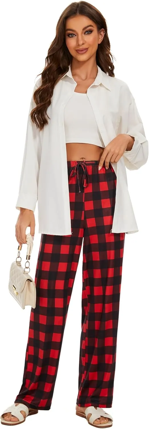 Devirld Women's Lounge Pants, Straight-Leg Loose Pajama Pants for Women Flowy Wide Leg Palazzo Trousers with Pockets