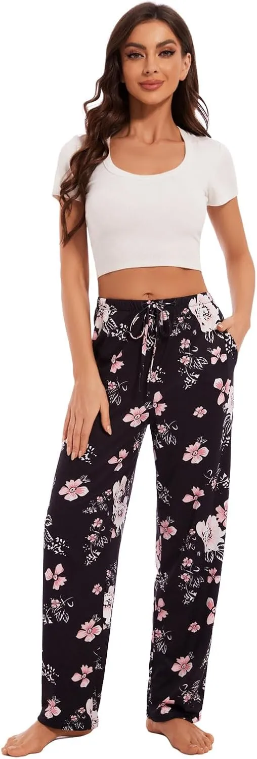 Devirld Women's Lounge Pants, Straight-Leg Loose Pajama Pants for Women Flowy Wide Leg Palazzo Trousers with Pockets