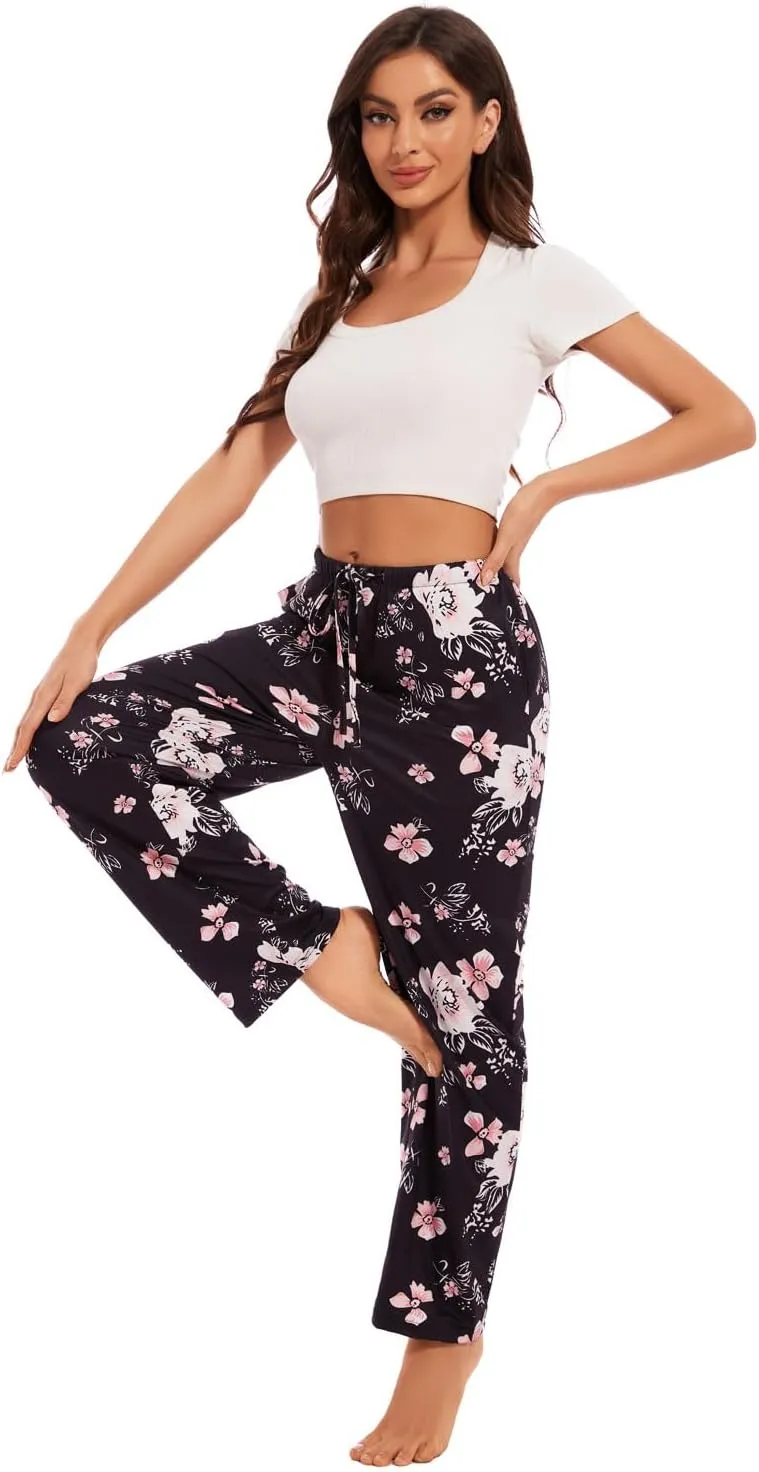 Devirld Women's Lounge Pants, Straight-Leg Loose Pajama Pants for Women Flowy Wide Leg Palazzo Trousers with Pockets