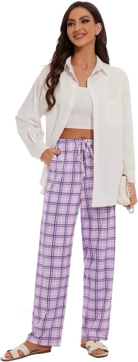 Devirld Women's Lounge Pants, Straight-Leg Loose Pajama Pants for Women Flowy Wide Leg Palazzo Trousers with Pockets