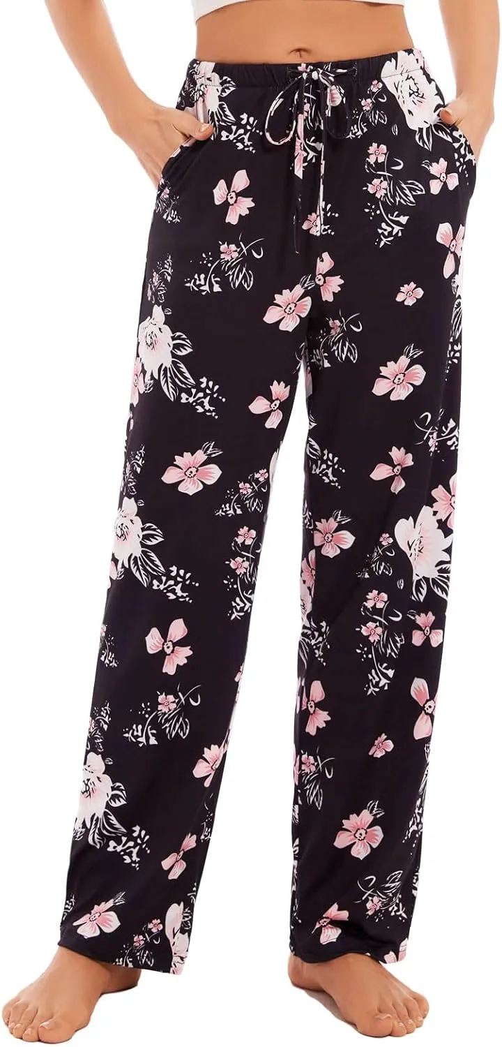 Devirld Women's Lounge Pants, Straight-Leg Loose Pajama Pants for Women Flowy Wide Leg Palazzo Trousers with Pockets