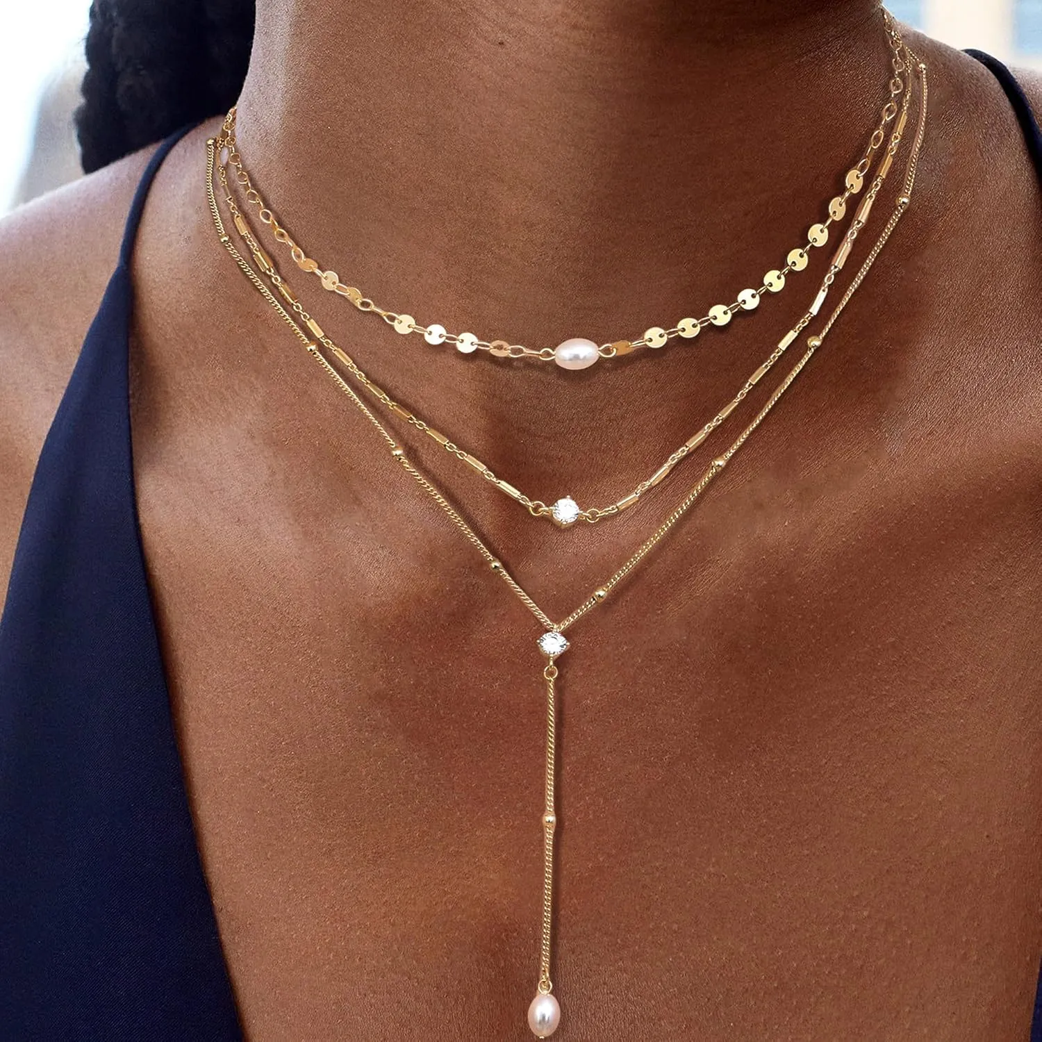 Dochais Layered Gold Chain Necklaces for Women Dainty Choker Charm Necklace Stack 14k Gold-Plated Non-Tarnish Statement Pendant Necklace Set
