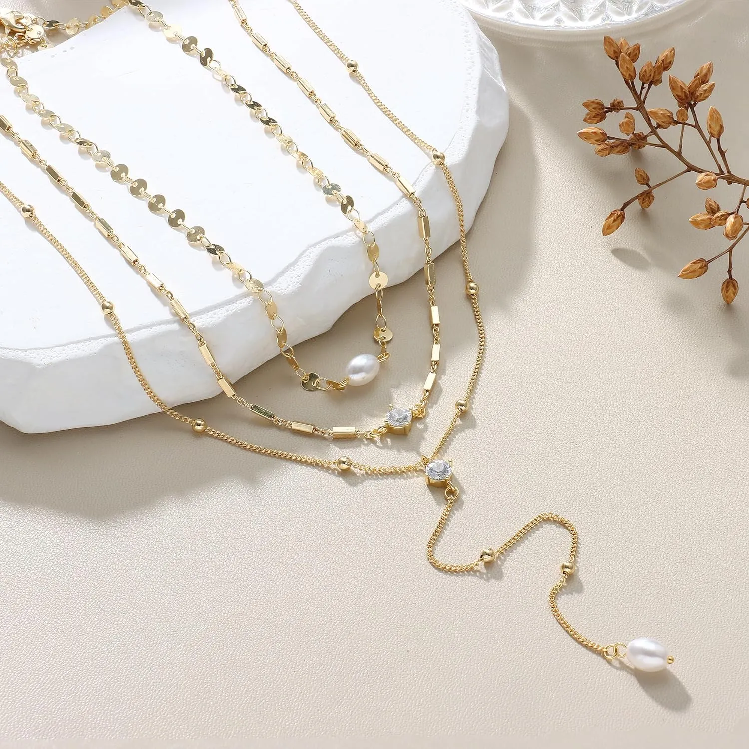 Dochais Layered Gold Chain Necklaces for Women Dainty Choker Charm Necklace Stack 14k Gold-Plated Non-Tarnish Statement Pendant Necklace Set