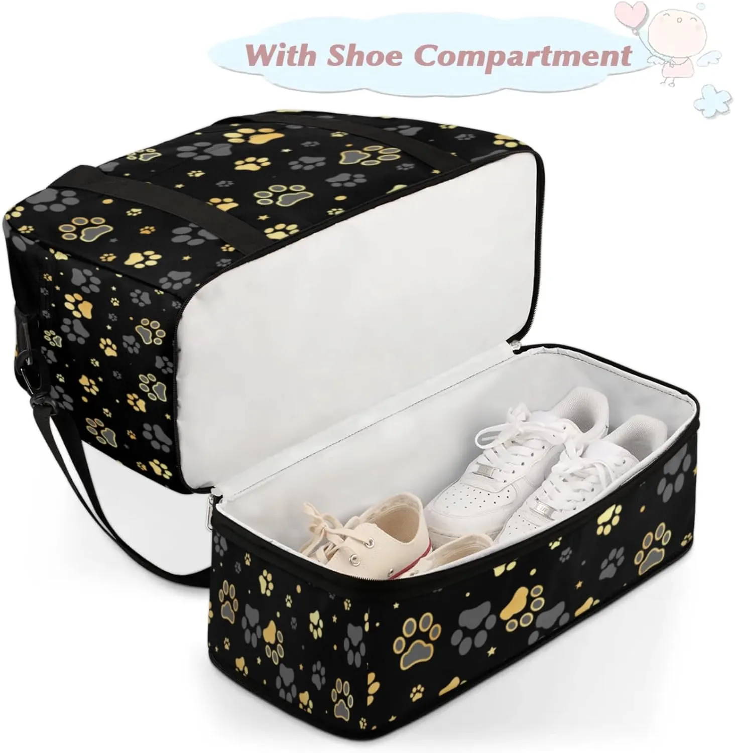 Dog Paw Print Foldable Travel Duffel Bag, Expandable Sports Gym Bag with Shoes Compartment Weekender Overnight Totes Bags for Women Men