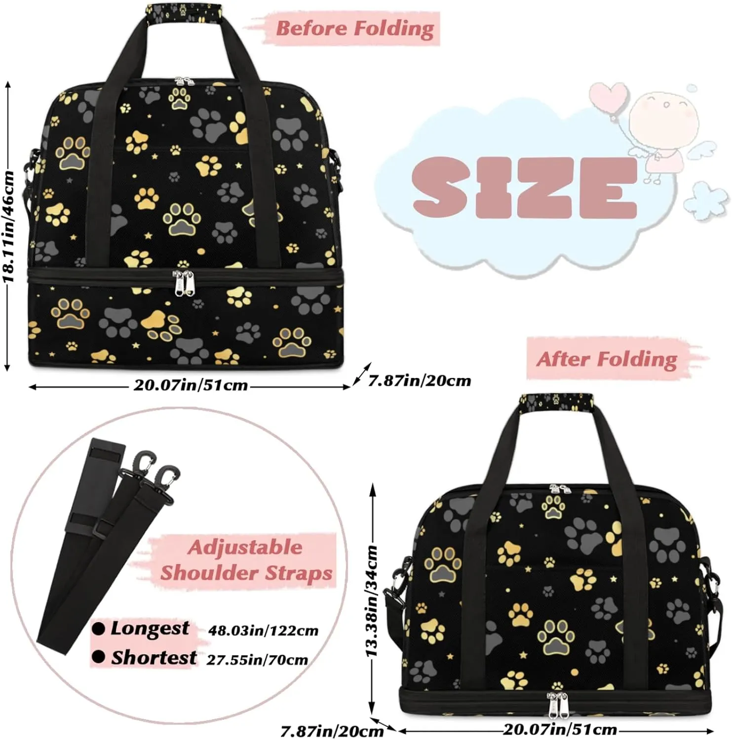 Dog Paw Print Foldable Travel Duffel Bag, Expandable Sports Gym Bag with Shoes Compartment Weekender Overnight Totes Bags for Women Men