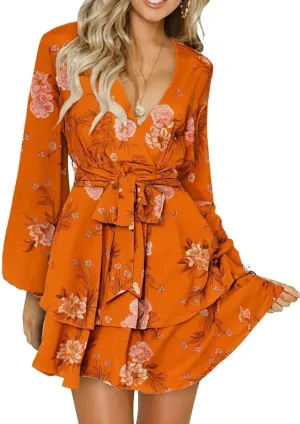 Dokotoo Womens 2024 Summer Spring V Neck Ruffle Chiffon Elegant Tie Knot Mini Short Swing Skater Dresses