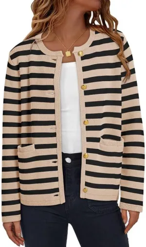 Dokotoo Women's 2025 Fashion Casual Crew Neck Open Front Long Sleeve Chunky Knit Striped Cardigans Sweaters Outerwear Coats