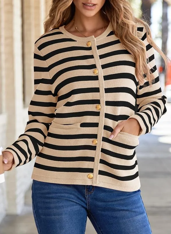 Dokotoo Women's 2025 Fashion Casual Crew Neck Open Front Long Sleeve Chunky Knit Striped Cardigans Sweaters Outerwear Coats