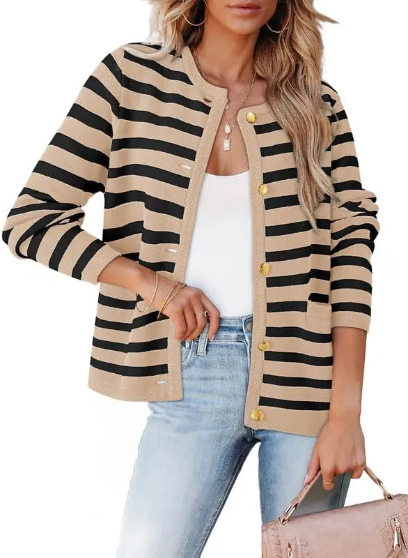 Dokotoo Women's 2025 Fashion Casual Crew Neck Open Front Long Sleeve Chunky Knit Striped Cardigans Sweaters Outerwear Coats