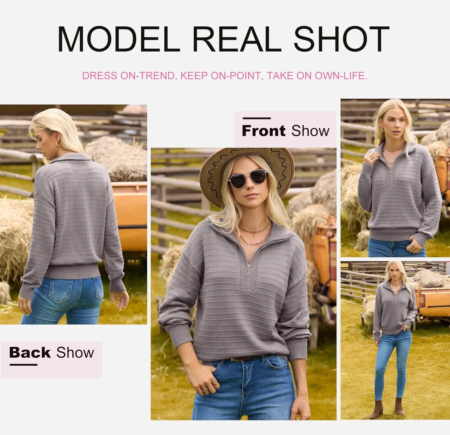 Dokotoo Womens Quarter Zip Pullover Turtleneck Sweater Long Sleeve Fall Outfits Ribbed Knit Winter Sweaters