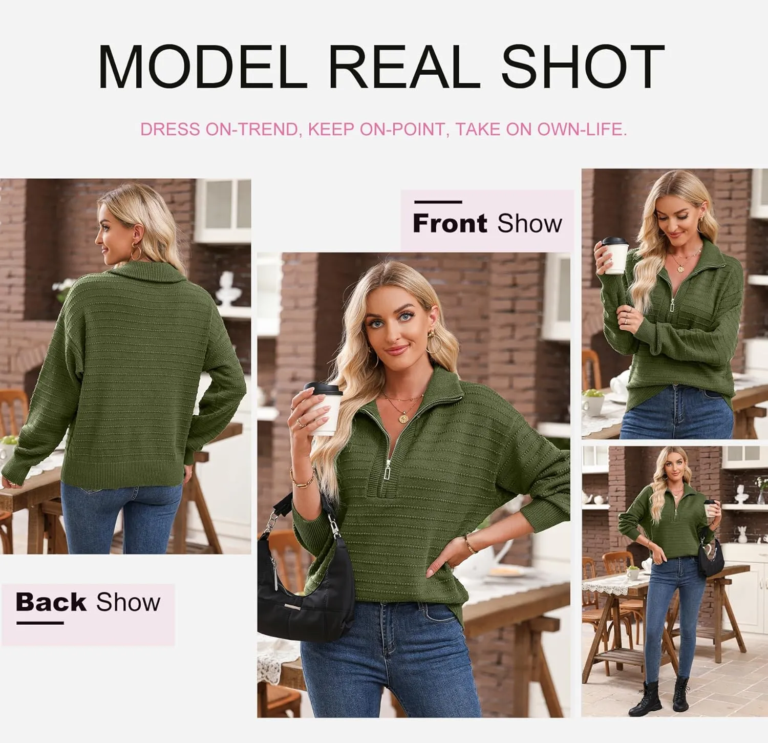 Dokotoo Womens Quarter Zip Pullover Turtleneck Sweater Long Sleeve Fall Outfits Ribbed Knit Winter Sweaters
