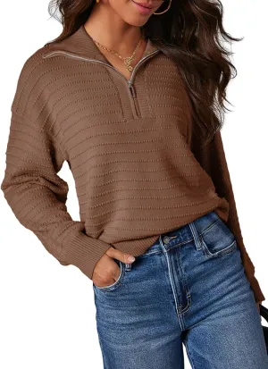 Dokotoo Womens Quarter Zip Pullover Turtleneck Sweater Long Sleeve Fall Outfits Ribbed Knit Winter Sweaters