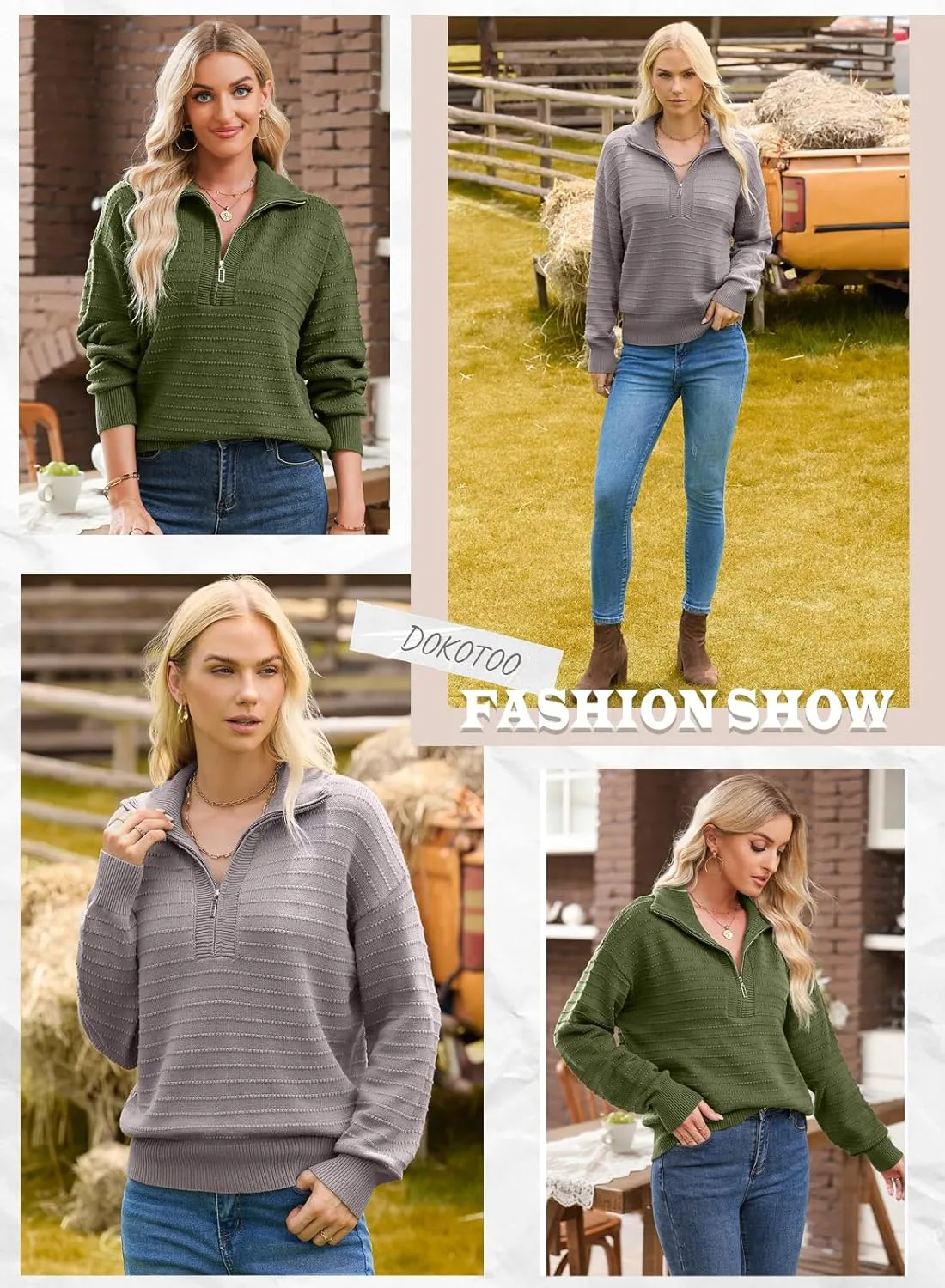 Dokotoo Womens Quarter Zip Pullover Turtleneck Sweater Long Sleeve Fall Outfits Ribbed Knit Winter Sweaters