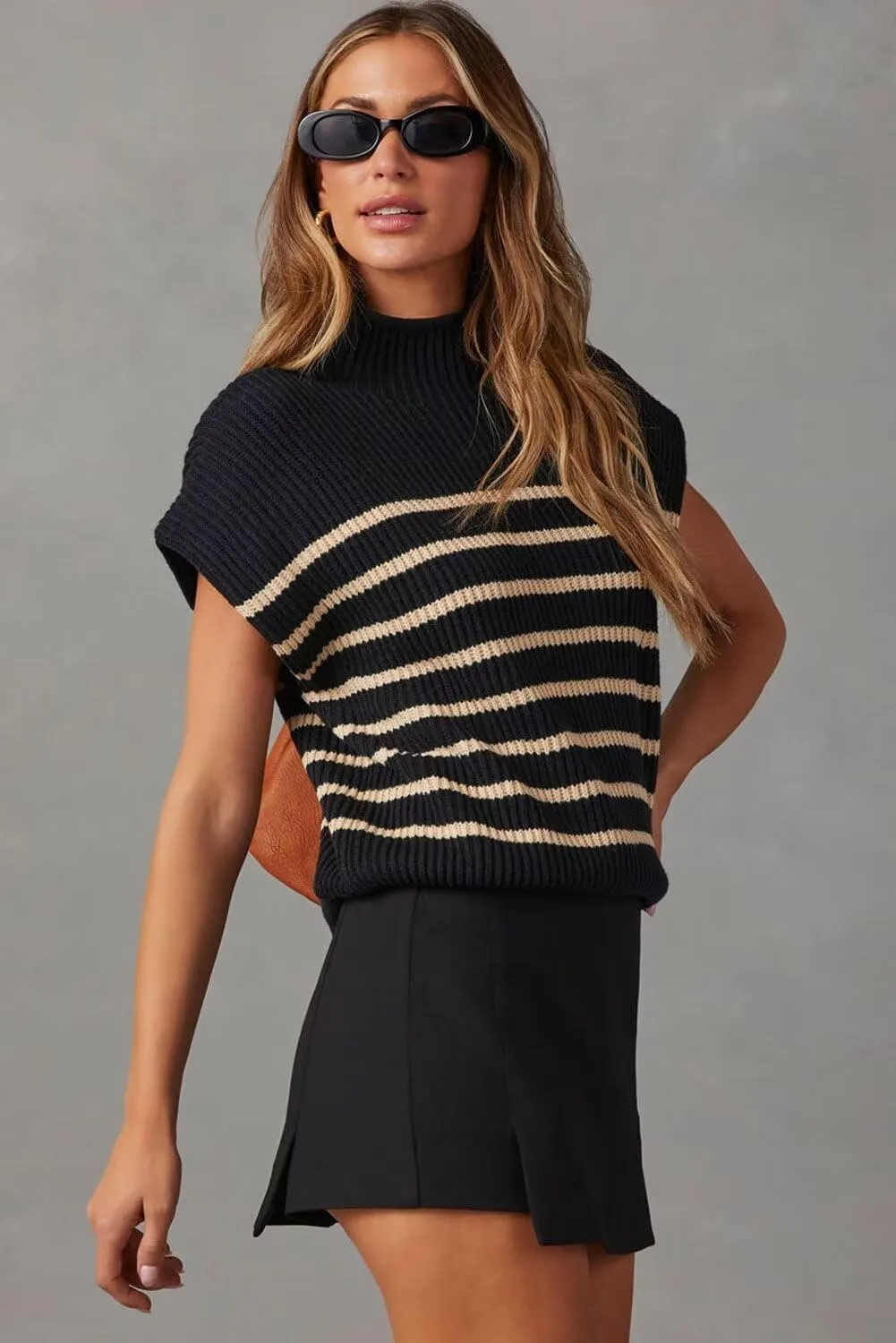 Dokotoo Women's Sweater Cap Sleeve Mock Neck Basic Loose Fit Ribbed Knit Pullover Striped Sweaters 2024 Summer Y2k Outfits