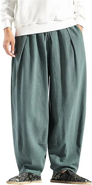 Dudubaby Men Casual Pants Mens Baggy Pants Drawstring Cotton Linen Wide Leg Yoga Pants Solid Color Baggy Pants
