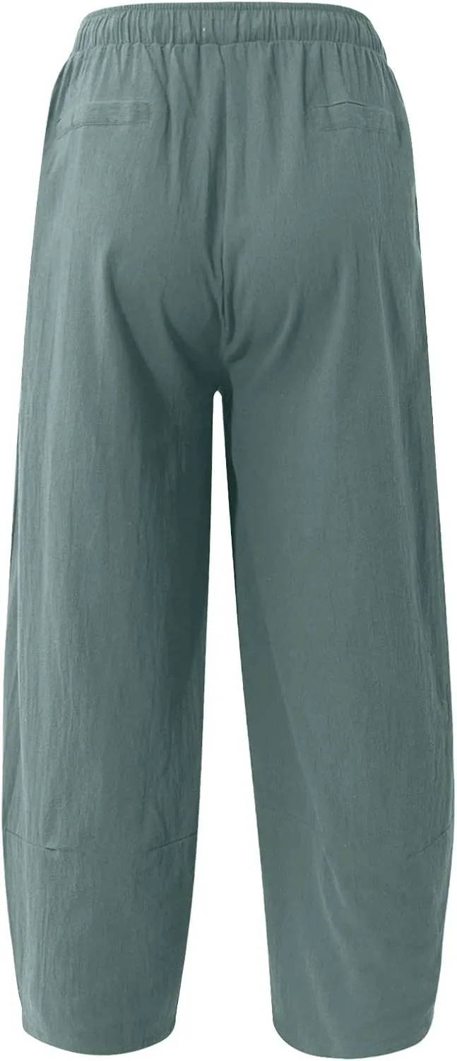 Dudubaby Men Casual Pants Mens Baggy Pants Drawstring Cotton Linen Wide Leg Yoga Pants Solid Color Baggy Pants
