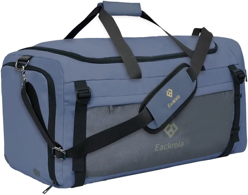 Eackrola Large Sports Gym Bag, Travel Duffel bag with Wet Pocket & Shoes Compartment for men women, 65L, LightweightHaze Blue