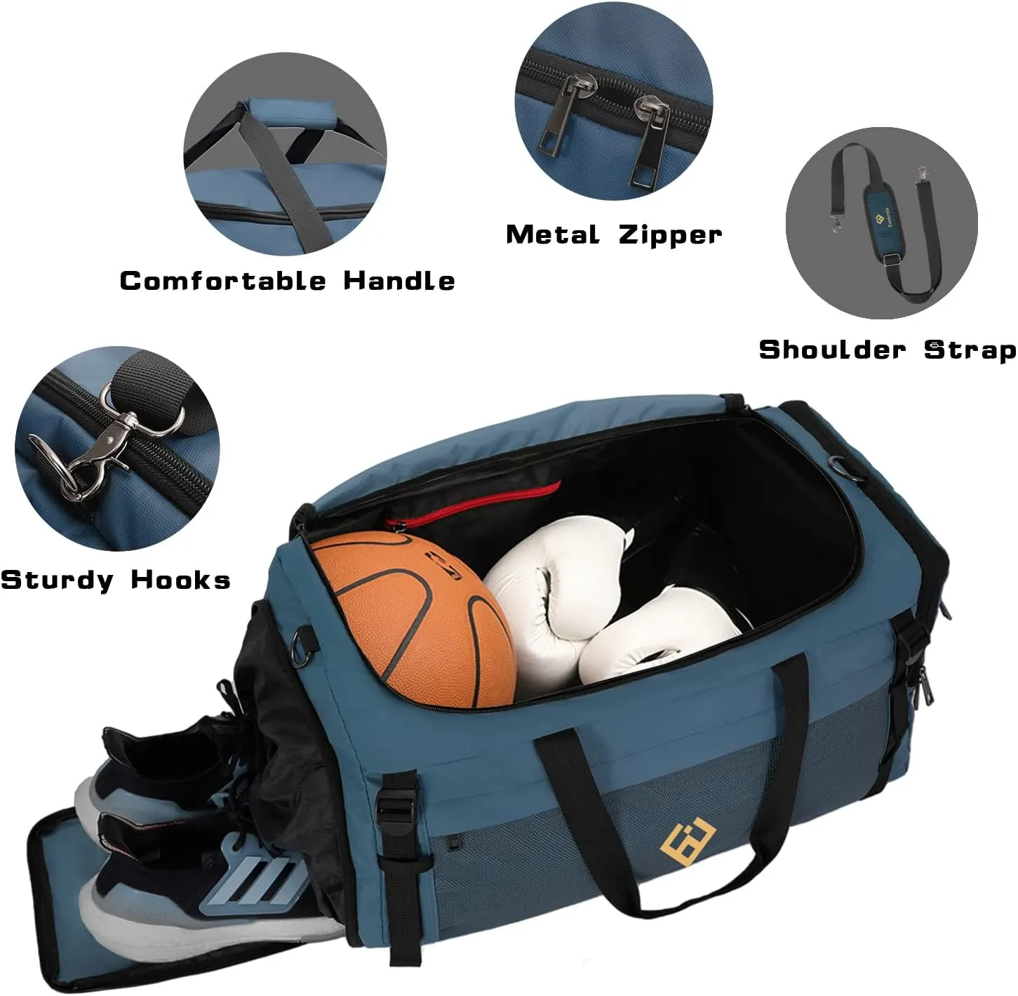 Eackrola Large Sports Gym Bag, Travel Duffel bag with Wet Pocket & Shoes Compartment for men women, 65L, LightweightHaze Blue