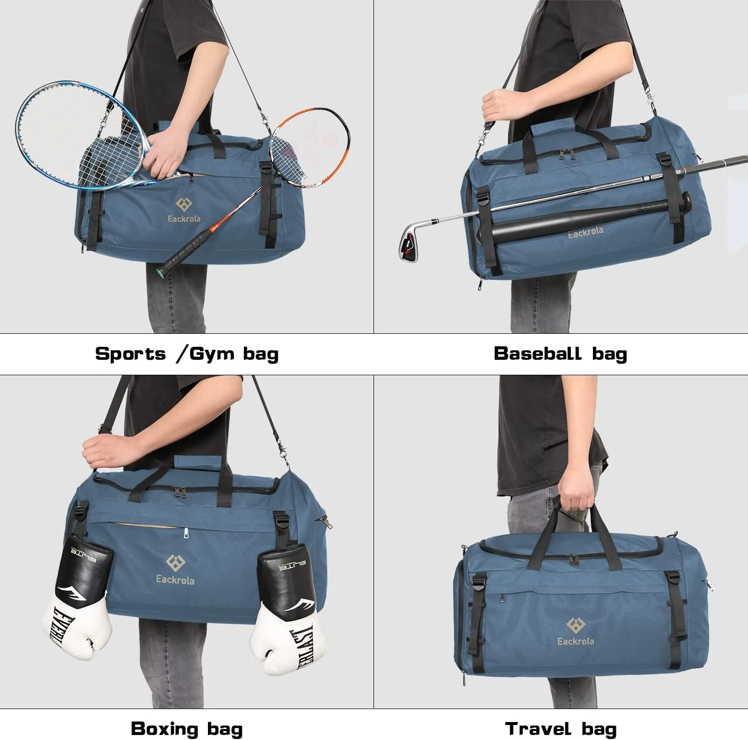 Eackrola Large Sports Gym Bag, Travel Duffel bag with Wet Pocket & Shoes Compartment for men women, 65L, LightweightHaze Blue